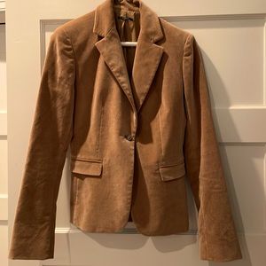 Light brown velvet jacket with decorative buttons and feminine stitches.